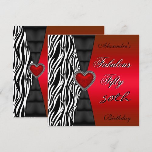 Fifty 50th Birthday Party Red Zebra Wild Black 2 Custom Invitations