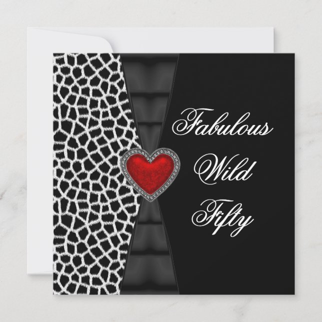 Fifty 50th Birthday Party Red Zebra Wild Black 4 Invitation (Front)
