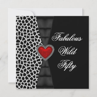 Fifty 50th Birthday Party Red Zebra Wild Black 4 Invitation