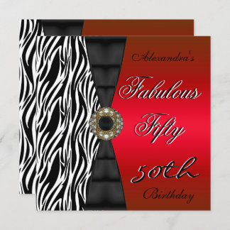 Fifty 50th Birthday Party Red Zebra Wild Black Invitation