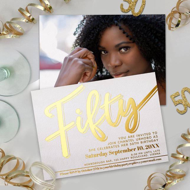 Fifty 50th Birthday party white with gold script Foil Invitation (Creator Uploaded)