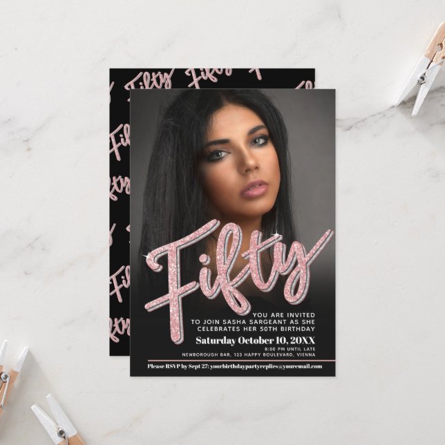 Fifty 50th Birthday photo script glitter rose pink Invitation (Front/Back In Situ)