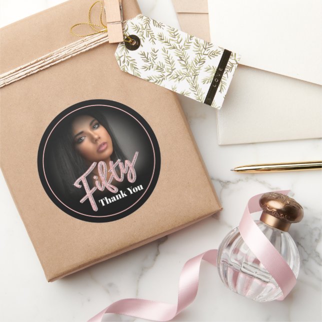 Fifty 50th Birthday photo script rose pink favor Classic Round Sticker (Gifting)