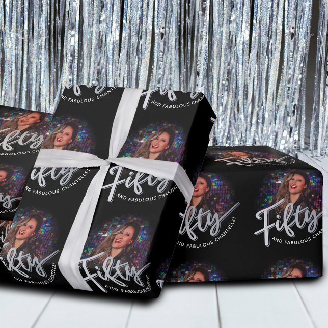 Fifty 50th Birthday photo script silver black Wrapping Paper (Creator Uploaded)