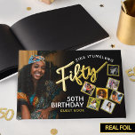 Fifty 50th birthday photos black gold guest book<br><div class="desc">Fifty gold script text one large photo and 12 instant snap style photos guest book. Personalize this 50th birthday party guest book with your own birthday girls or boys name and photos. Other years and matching items are available and can be created by request. © Original design by Sarah Trett...</div>