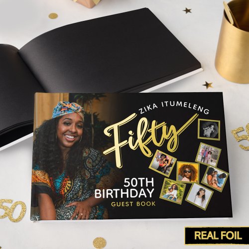 Fifty 50th birthday photos black gold guest book