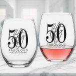 Fifty 50th Birthday Stemless Wine Glass<br><div class="desc">Celebrate in style with this modern stemless wine glass, perfect for a “Fifty and Fabulous” birthday celebration or any milestone event. The glass features a large “50” across most of the front, with the word “fifty” written in elegant black script layered over it. Just below, “fabulous” appears in bold black...</div>