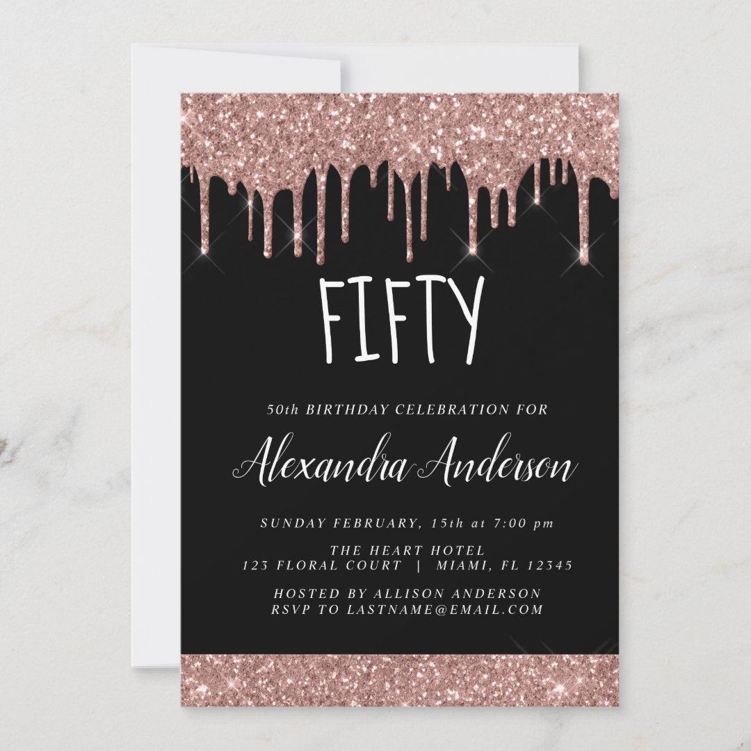 Fifty - 50th Glitter Rose Gold Black Birthday Invitation | Zazzle