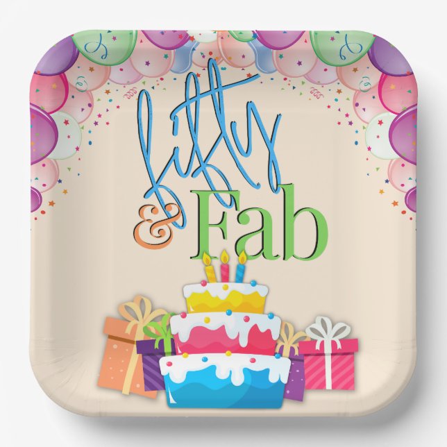 Fifty and Fab Colorful Birthday Party Paper Plates (Front)