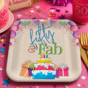 Fifty and Fab Colorful Birthday Party Paper Plates