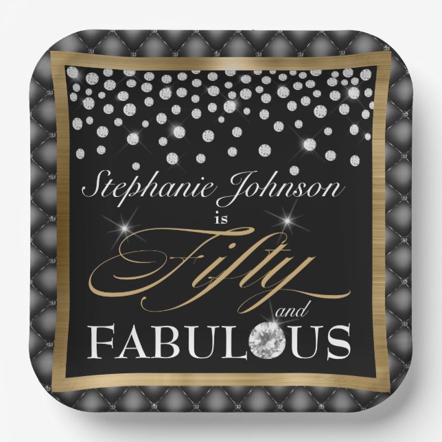 Fifty and Fabulous 50th Birthday Black Gold Chic Paper Plates (Front)