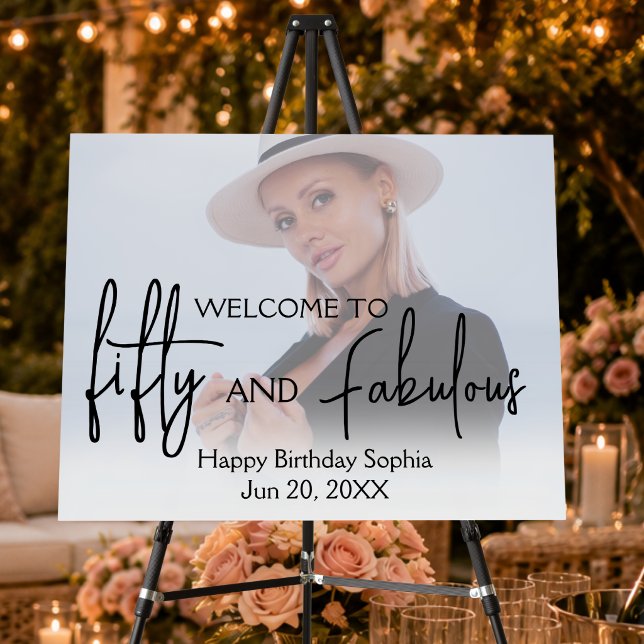 Fifty and Fabulous 50th Birthday Welcome Poster (fifty and fabulous 50th birthday party signs script simple 50 year old modern for her)