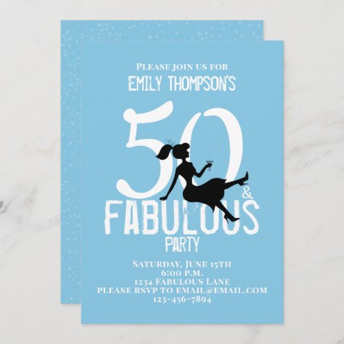 Fifty and Fabulous Birthday Modern Cocktails Blue Invitation