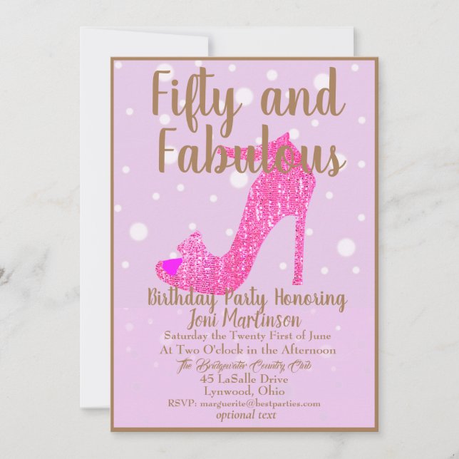 Fifty and Fabulous Birthday Party Hot Pink Glitter Invitation (Front)