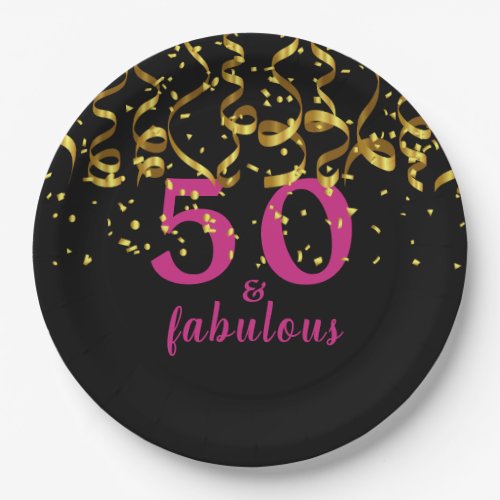 Fifty and Fabulous Birthday Pink and Black  Paper Plates