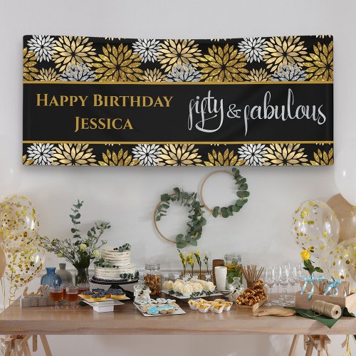 Fifty and Fabulous Black and Gold Happy Birthday Banner