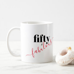 Fifty and Fabulous Black and Red Script Elegant Coffee Mug