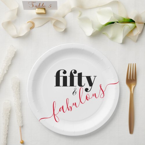 Fifty and Fabulous Black and Red Script Paper Plates