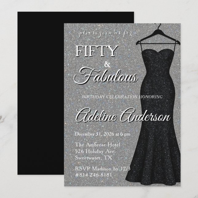 Fifty and Fabulous Black and Silver 50th Birthday  Invitation (Front/Back)