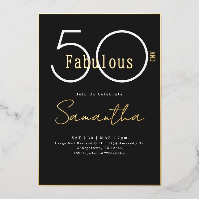 Fifty and Fabulous Black & Gold 50th Birthday Foil Invitation (Front)