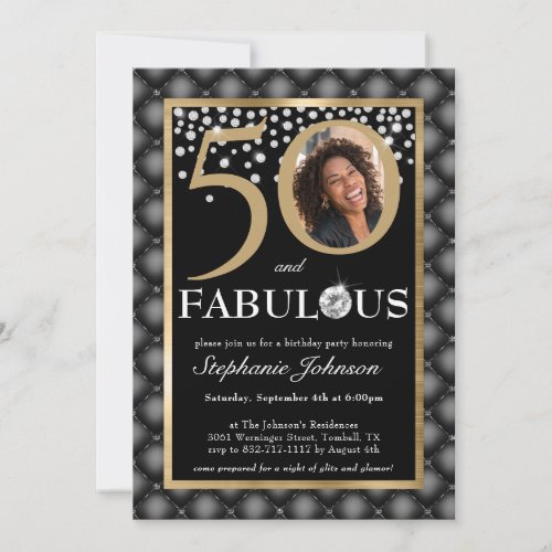 Fifty and Fabulous Black Gold Diamonds Chic Photo Invitation