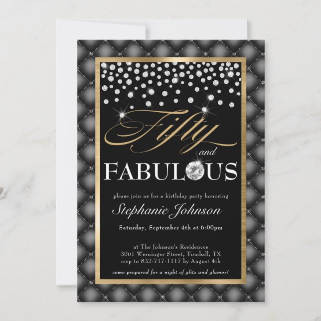 Fifty and Fabulous Black Gold Diamonds Glamorous Invitation (Front)