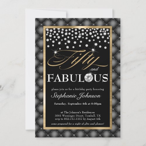 Fifty and Fabulous Black Gold Diamonds Glamorous Invitation