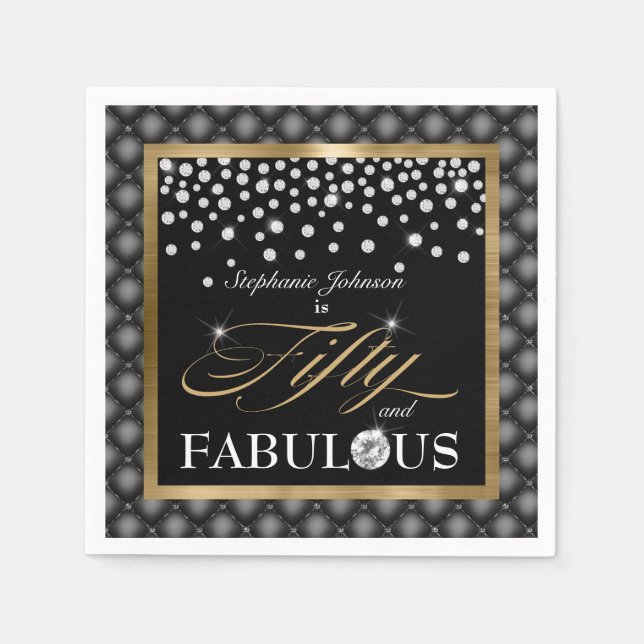 Fifty and Fabulous Black Gold Diamonds Glamorous Napkins (Front)