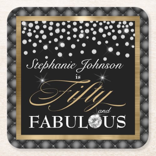 Fifty and Fabulous Black Gold Diamonds Glamorous Square Paper Coaster