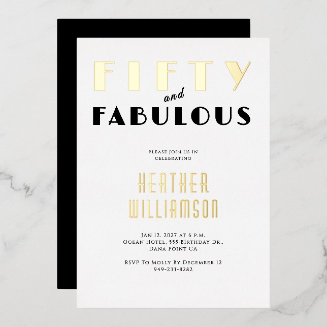 Fifty and Fabulous Black Gold Foil Invitation (Front/Back)