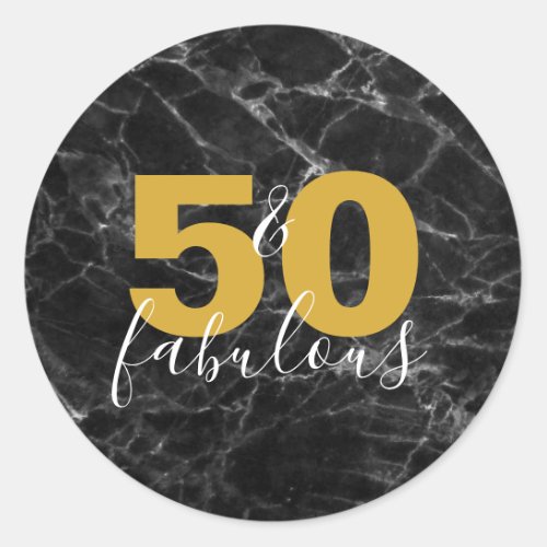 Fifty and Fabulous Black Marble Gold 50th Birthday Classic Round Sticker