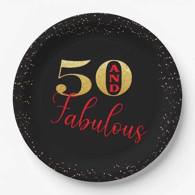 Fifty And Fabulous Black Red Gold Glitter Birthday Paper Plates (Front)