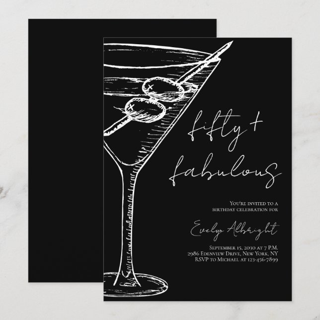 Fifty and Fabulous Black Script Line Art Martini Invitation (Front/Back)