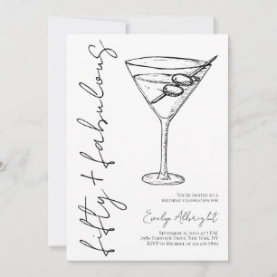 Fifty and Fabulous Black Script Line Art Martini Invitation
