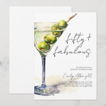 Fifty and Fabulous Black Script Watercolor Martini