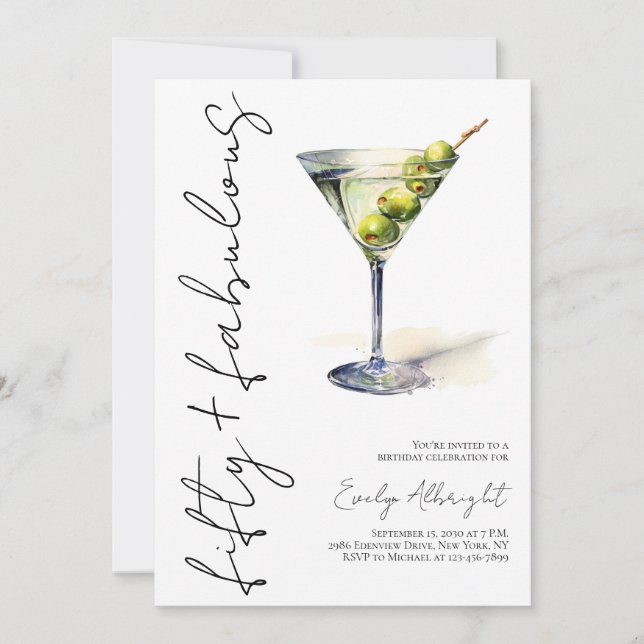Fifty and Fabulous Black Script Watercolor Martini Invitation (Front)