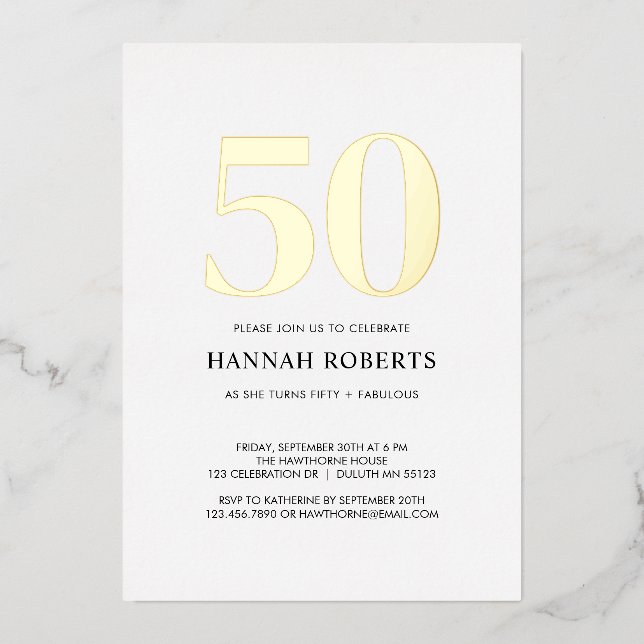 Fifty and Fabulous Black White 50th Birthday Party Foil Invitation (Front)