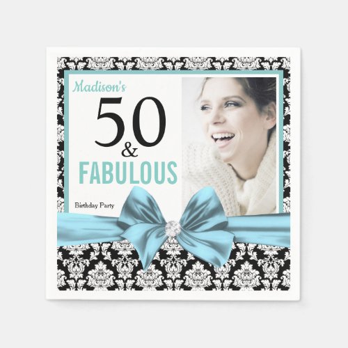 Fifty and Fabulous black white damask Birthday Napkins