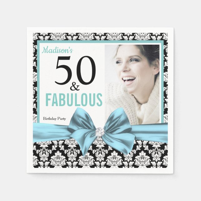 Fifty and Fabulous black white damask Birthday Napkins (Front)