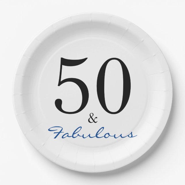 Fifty and Fabulous Blue Birthday Typography Paper Plates (Front)