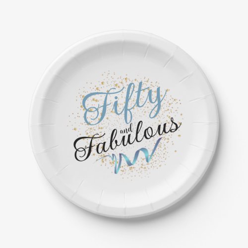 Fifty and Fabulous blue gold sparkle Paper Plates