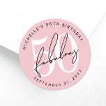 Fifty And Fabulous Blush Pink 50th Birthday Classic Round Sticker<br><div class="desc">Celebrate in style with this modern round sticker design, perfect for a “Fifty and Fabulous” birthday celebration or any milestone event. The center of the sticker features a large white “50” with “fabulous” written in bold black handwritten script layered over it for a sleek, modern look. Curved around the top...</div>