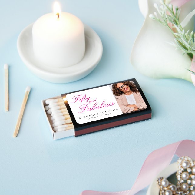 Fifty and Fabulous Bold Photo 50th Birthday Party Matchboxes (Insitu)