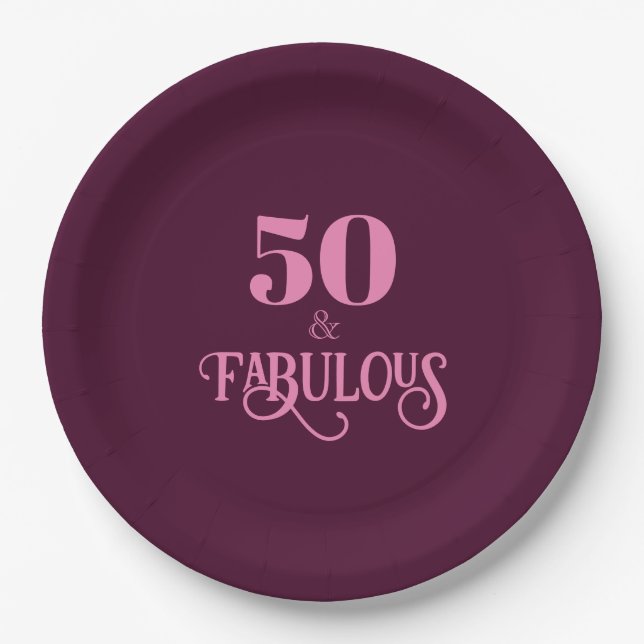 Fifty and Fabulous Burgundy Birthday Party Paper Plates (Front)