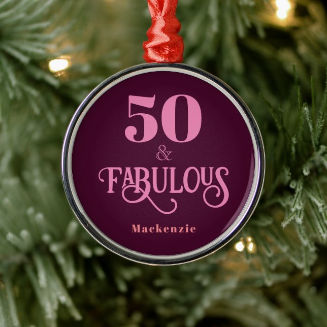 Fifty and Fabulous Burgundy Metal Ornament (Tree)