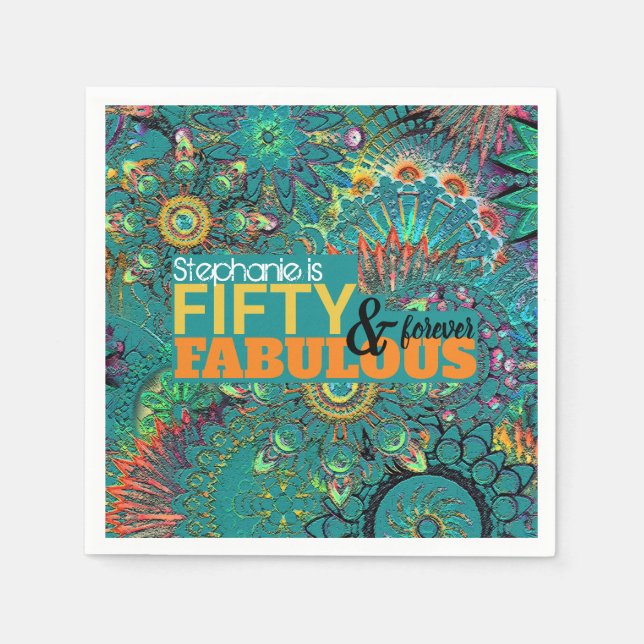 Fifty and Fabulous Colorful Blue Bohemian Napkins (Front)