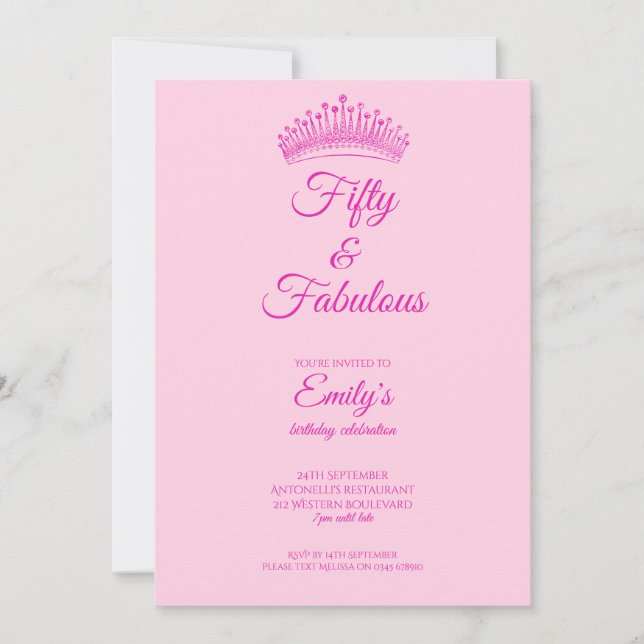 Fifty and Fabulous Crown Pink Birthday Invitation (Front)