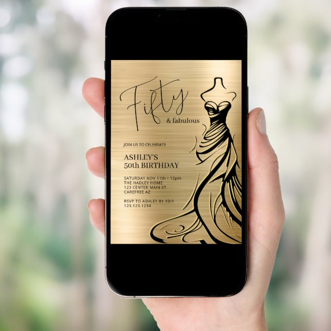 Fifty and Fabulous Dress Gold 50th Birthday Invitation (Front Digital)