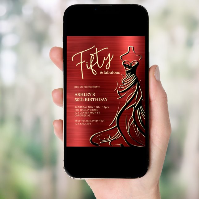 Fifty and Fabulous Dress Red 50th Birthday Invitation (Front Digital)