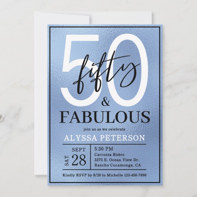 Fifty and Fabulous Dusty Blue Script 50th Birthday Invitation (Front)